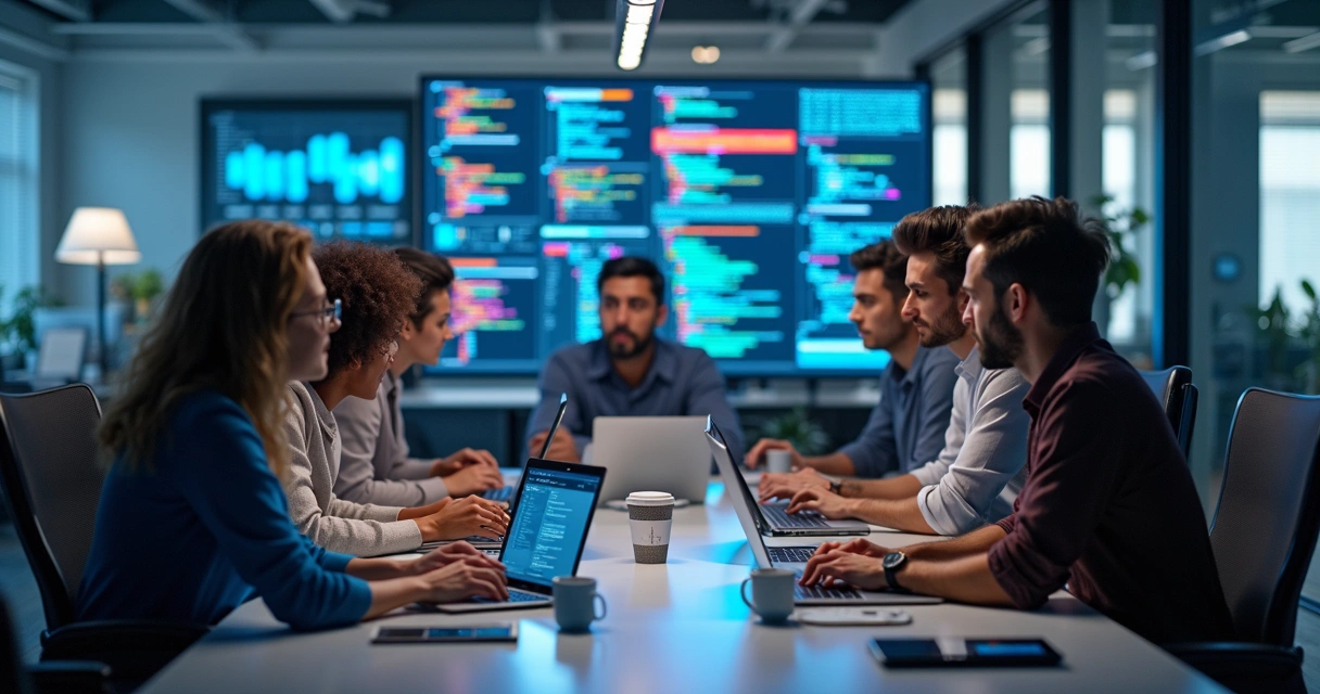 Equipe multidisciplinar colaborando em testes de software em ambiente de escritório moderno 