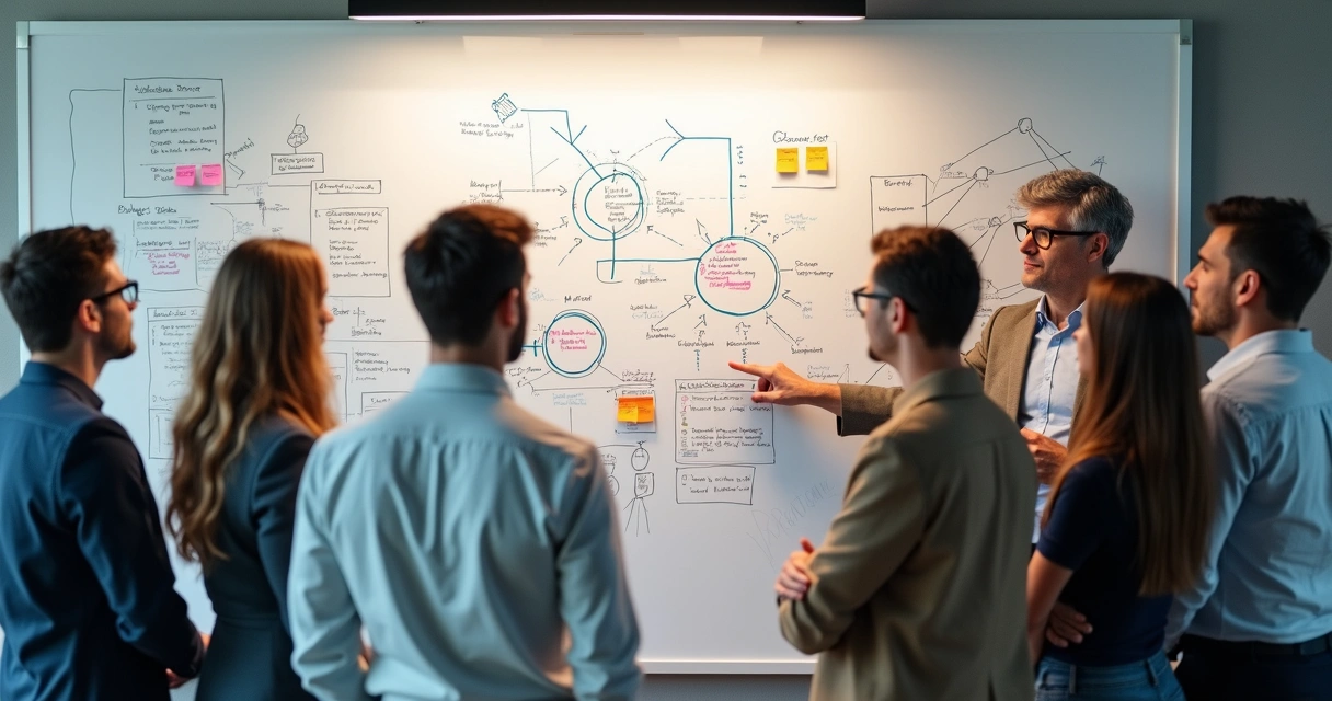 Pessoas analisando padrões em quadro branco com setas e categorias