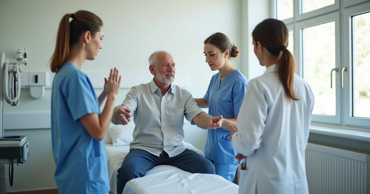 Profissionais de saúde conversando ao redor de um paciente em reabilitação post-AVC, com pranchas e aparelhos no ambiente