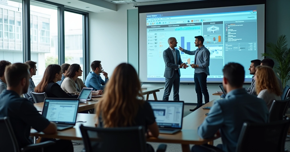 Funcionários reunidos em treinamento de software com instrutor ao fundo 