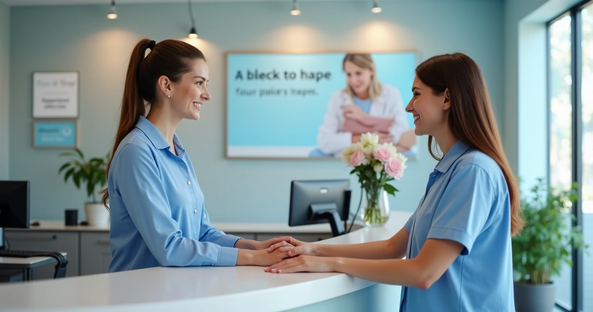 Recepcionista de clínica conversando sorridente com paciente 