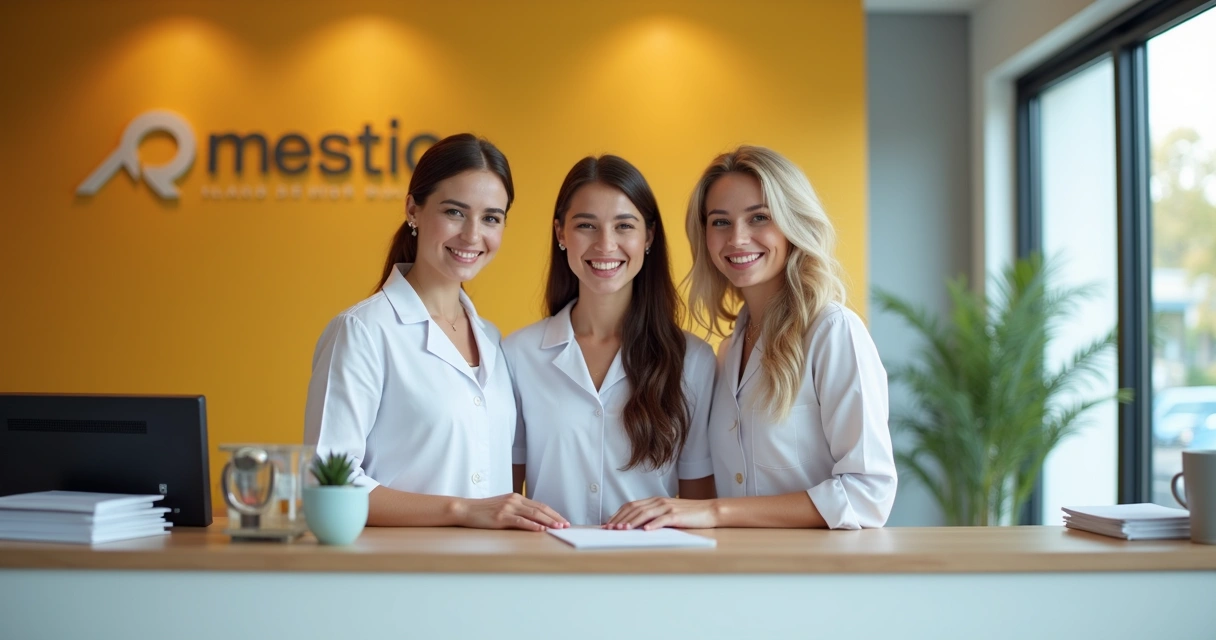 Equipe de recepção de clínica sorrindo unida no balcão 