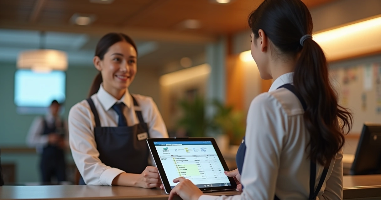 Equipe de recepção do hotel colaborando com tablets 