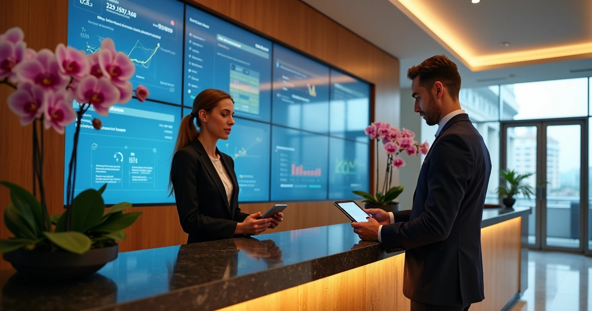 Equipe de recepção de hotel usando IA para atendimento 