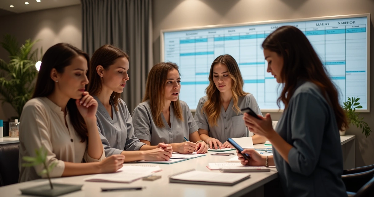 Equipe de recepção em salão de beleza organizando agenda 