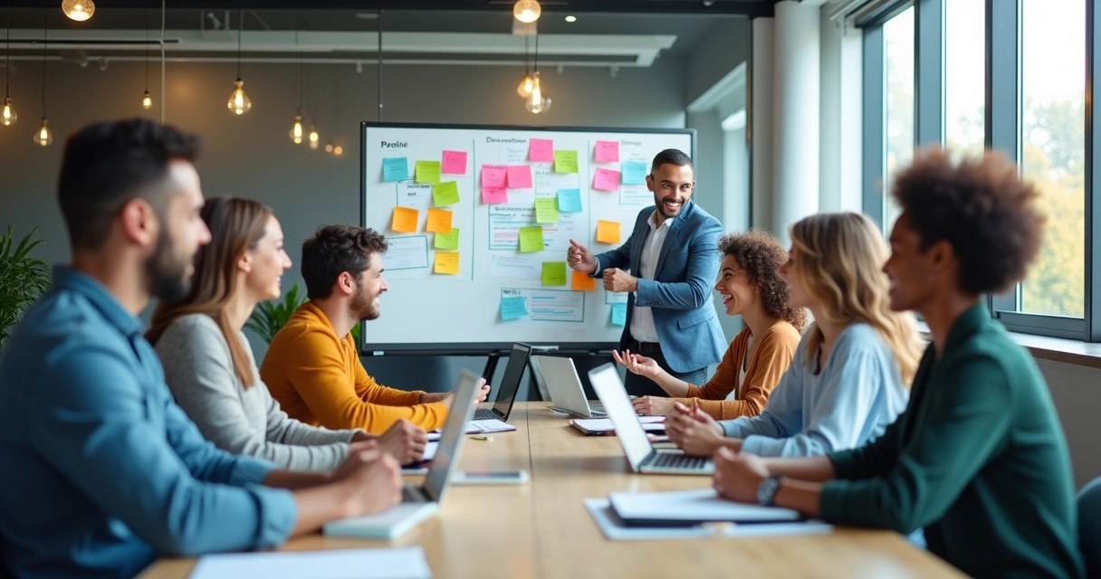 Equipe em reunião reconhecendo resultados em quadro visual