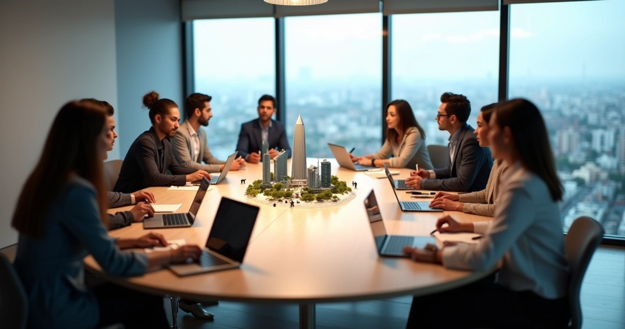 Equipe diversa unida ao redor de mesa redonda enxergando ponte de luz em maquete no centro 