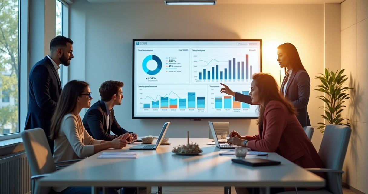 Equipe de RH analisando dados de recrutamento em um monitor 