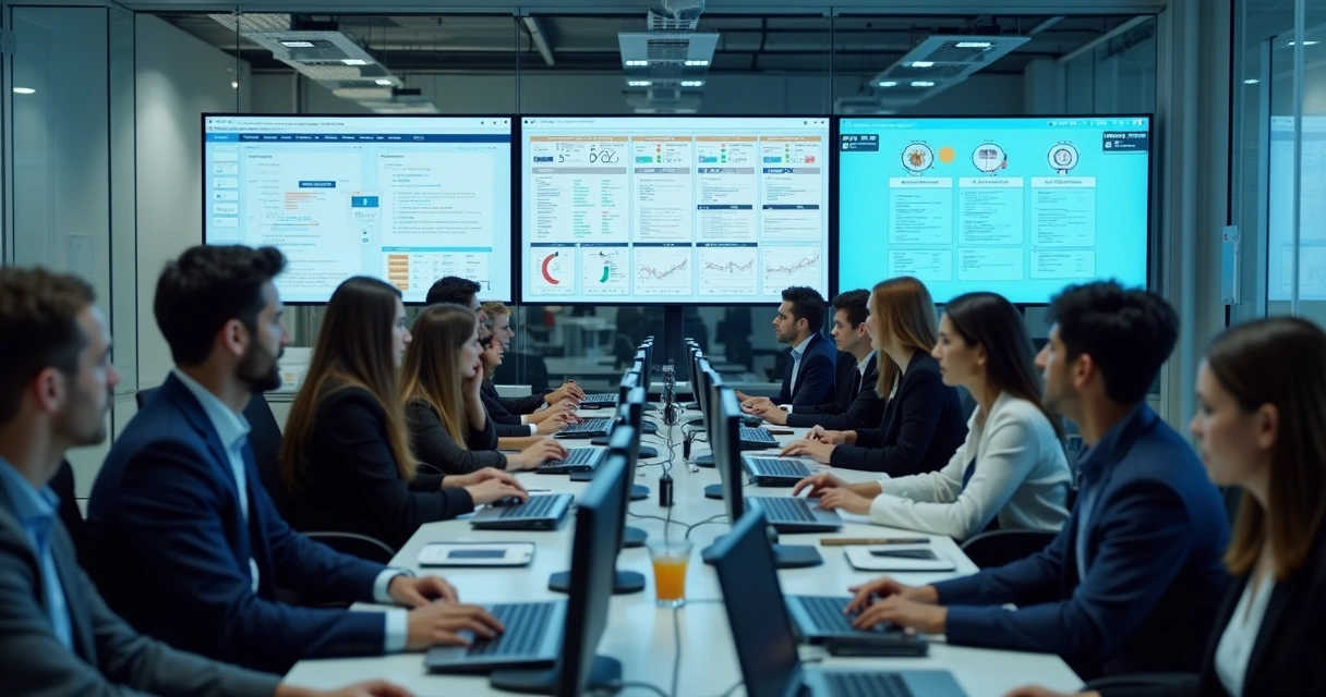 Profissionais de RH analisando fluxos de contratação em computadores. 