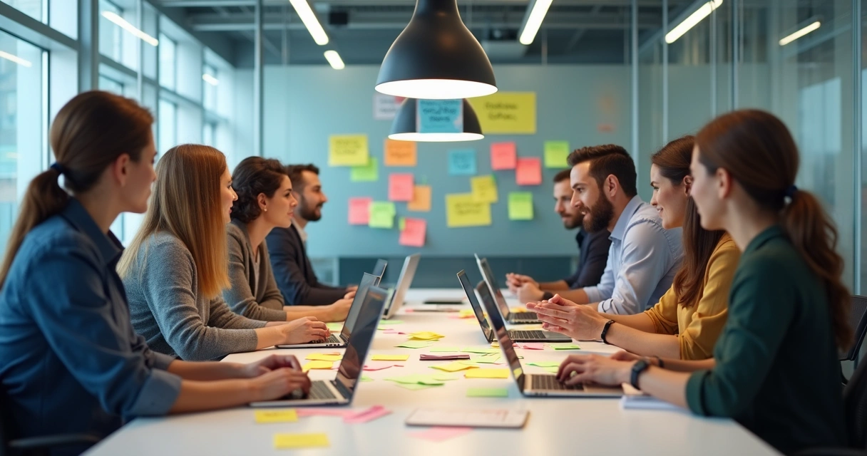 Equipe de RH discutindo estratégias ao redor de uma mesa 