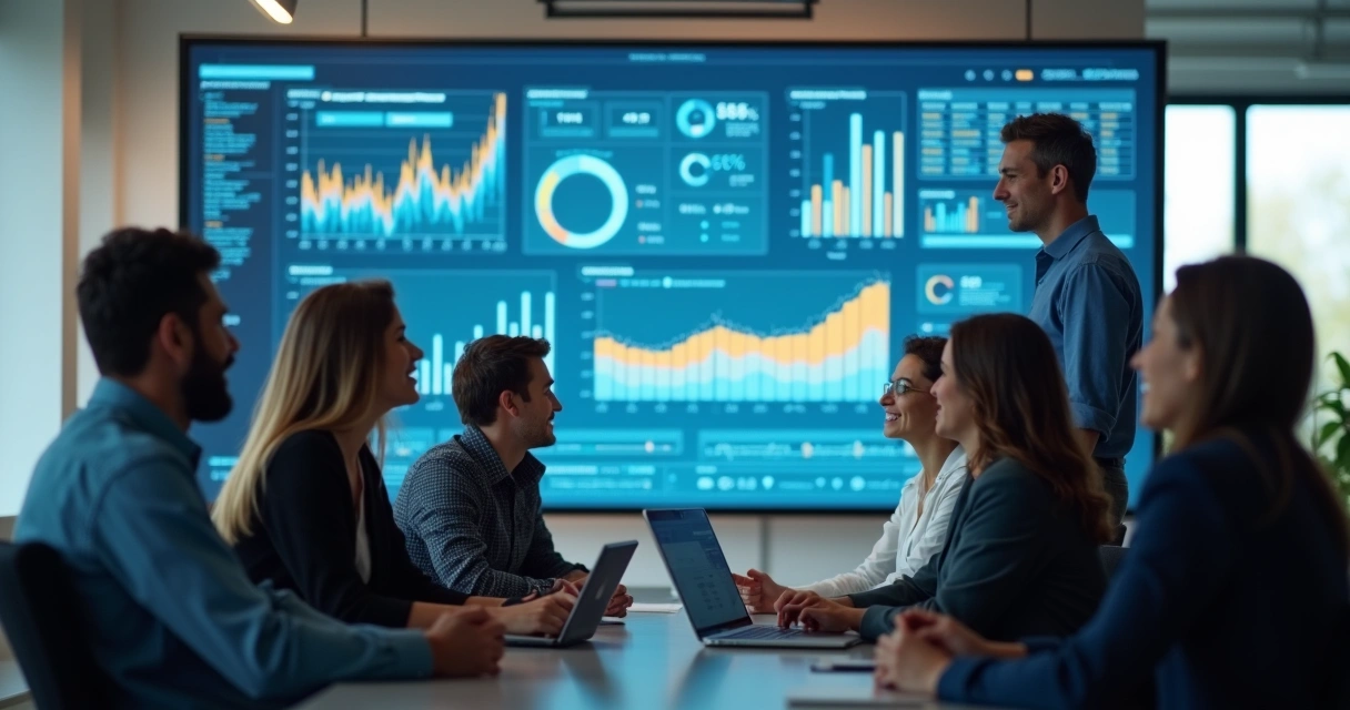 Equipe de recursos humanos analisando painel de IA. 