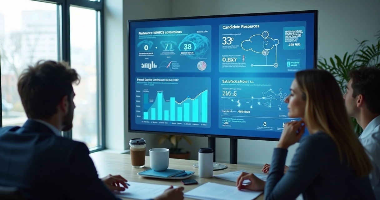 Equipe de RH analisando currículos digitais em tela grande