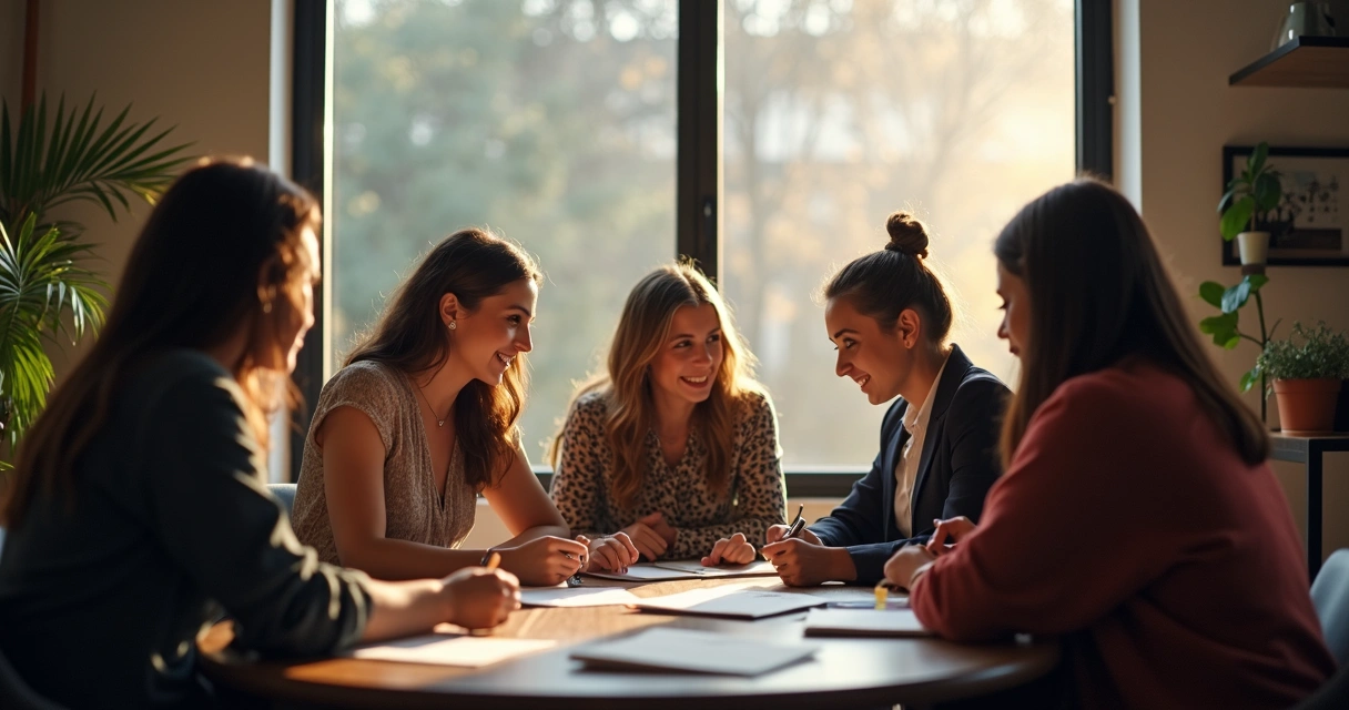 Equipe reunida planejando conteúdo SaaS em mesa redonda 