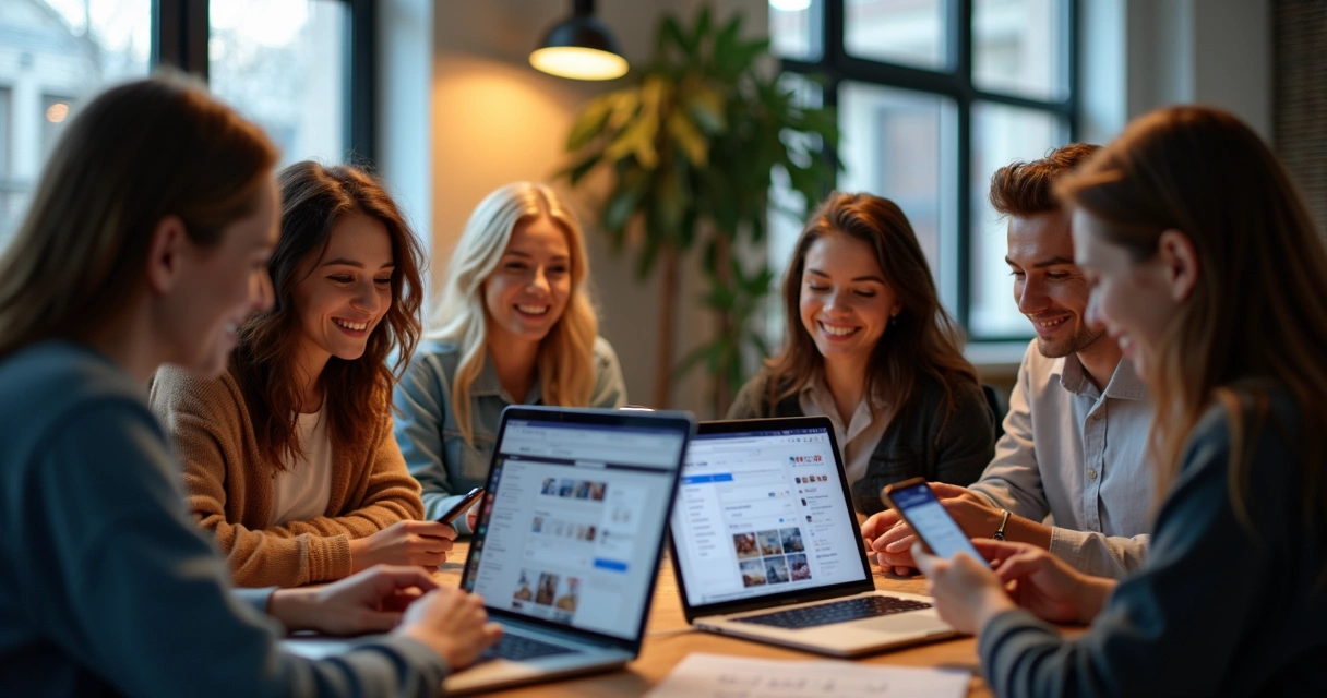 Equipe de e-commerce coordenando redes sociais com várias telas abertas 