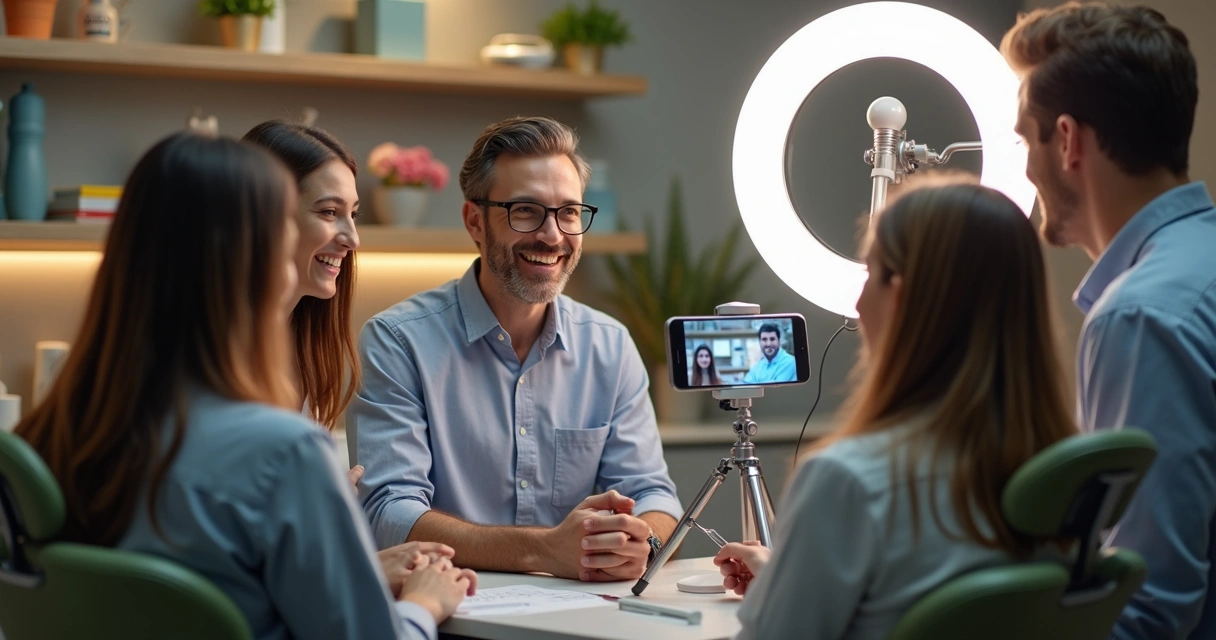 Equipe de marketing gravando vídeo para clínica odontológica