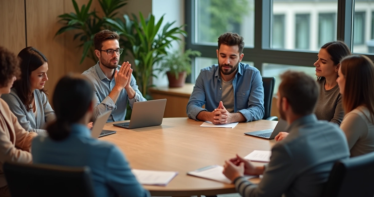 Equipe em mesa redonda em momento de reflexão 