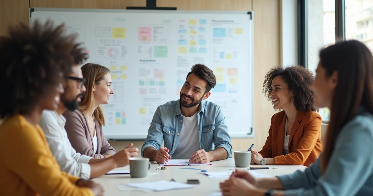 Equipe reunida em mesa de reunião, refletindo e discutindo juntos 