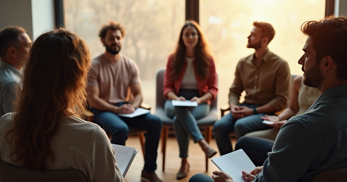 Equipe de trabalho sentada em círculo, em momento de reflexão, com luz suave 