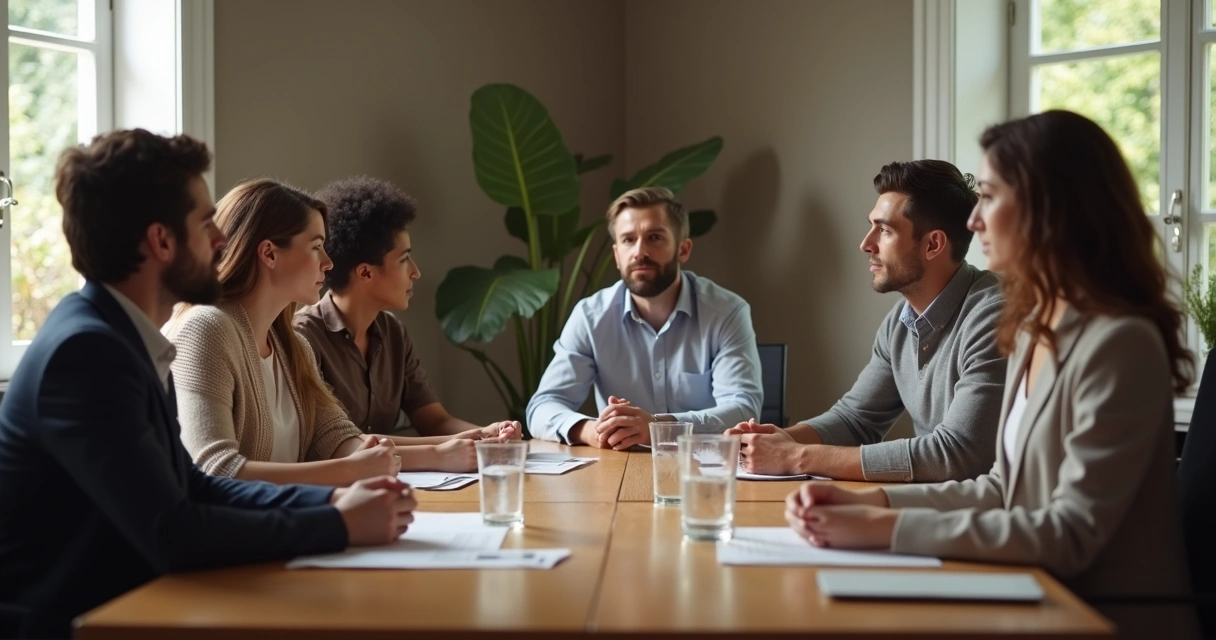 Equipe em sala de reunião refletindo em silêncio juntos 