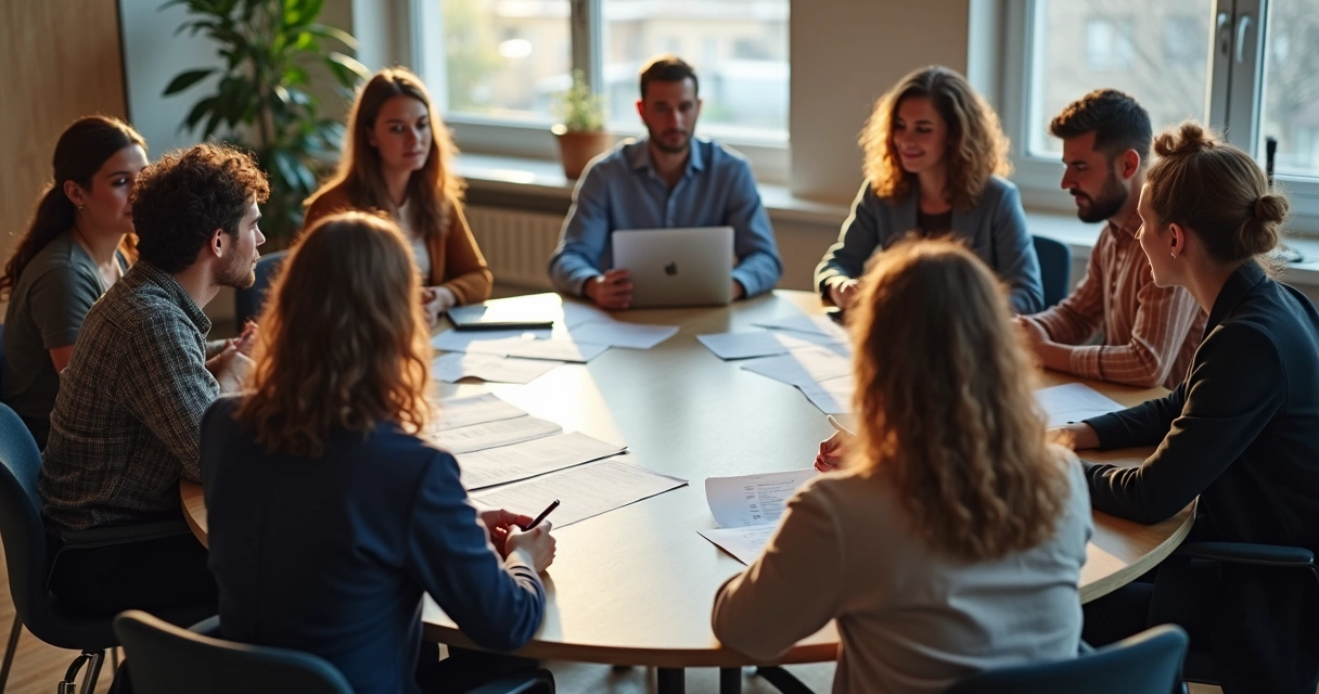 Equipe de trabalho sentada em círculo, envolvida em conversa colaborativa 
