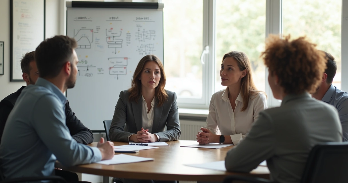Equipe de trabalho sentada em círculo, todos atentos em uma conversa reflexiva conjunta. 