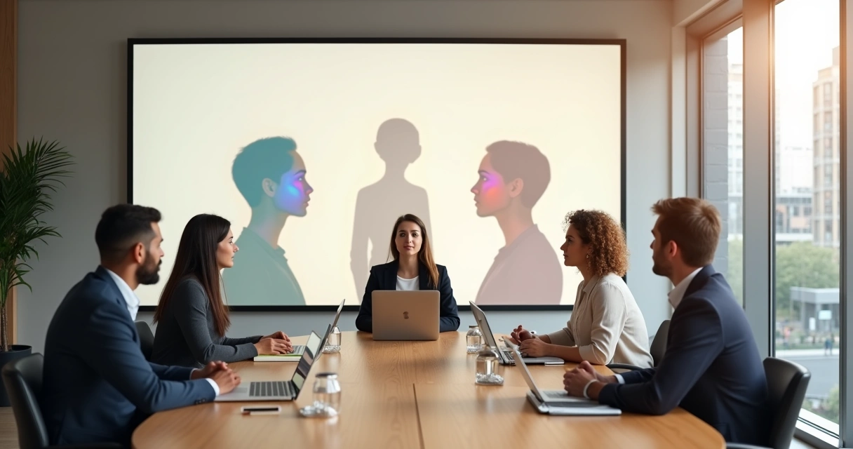 Equipe observando seus reflexos emocionais projetados em parede de sala de reunião 