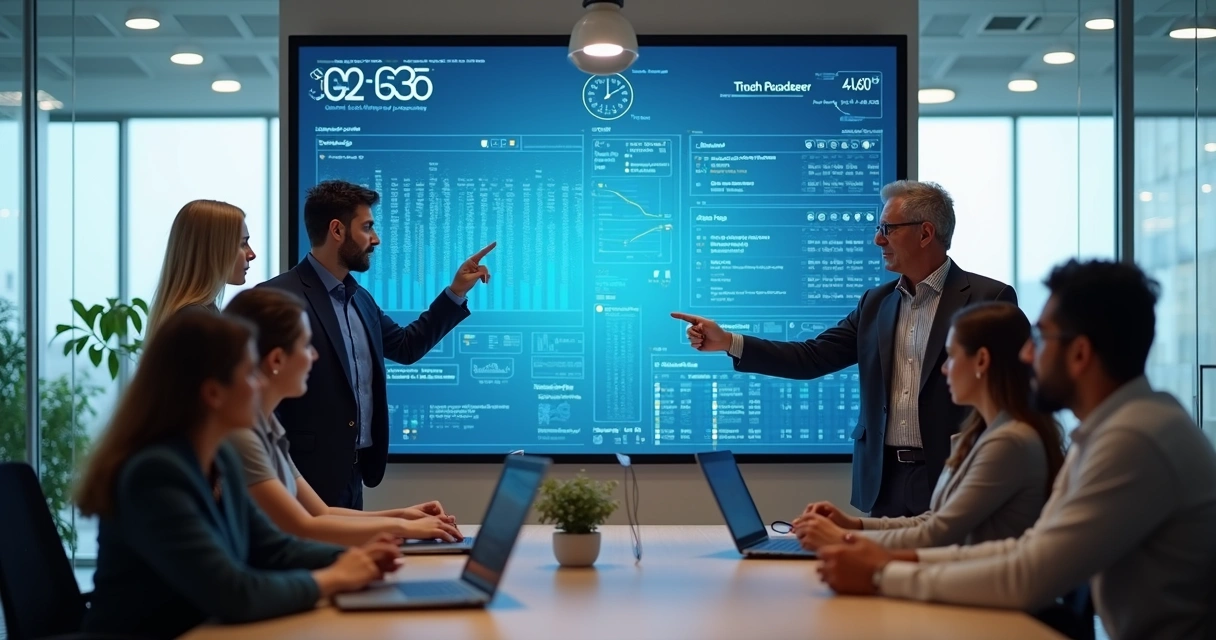 Equipe reunida discutindo painel digital de ponto em escritório moderno 