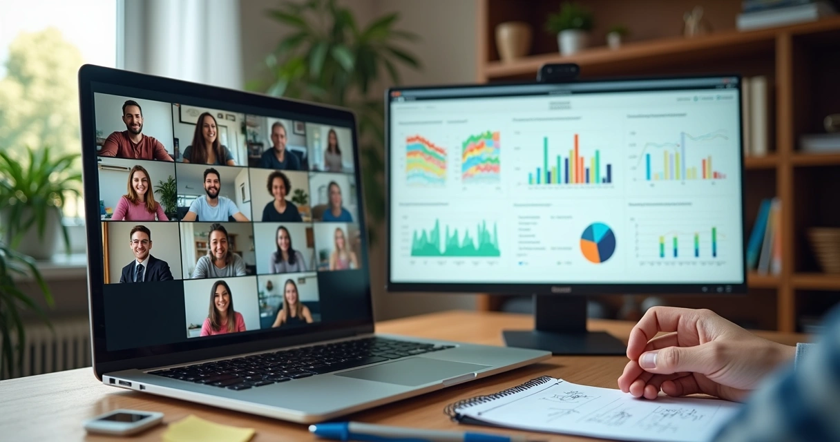 Equipe remota em videoconferência analisando padrões de trabalho em um painel digital 