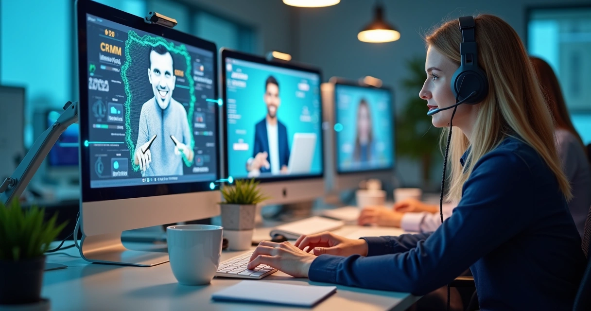 Equipe remota trabalhando em atendimento ao cliente com computadores e telas conectadas 