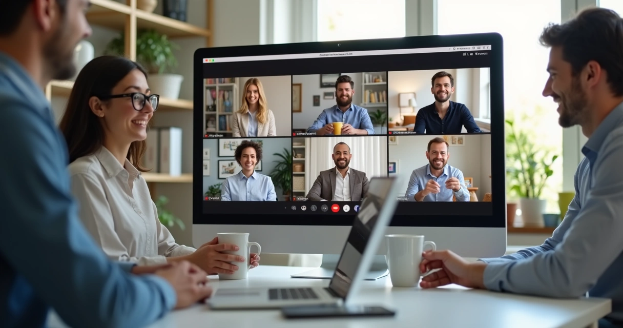 Equipe remota em videochamada mostrando brindes corporativos 
