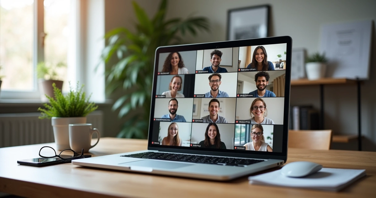 Equipe remota diversa em videoconferência com clima organizacional saudável 