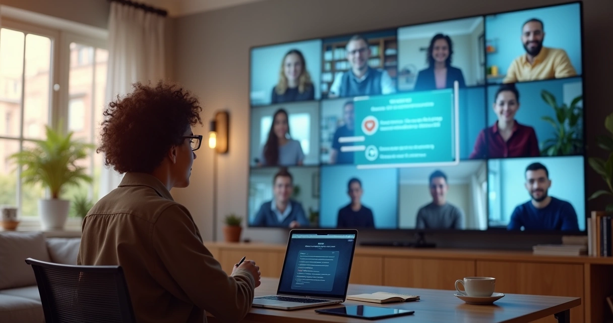 Equipe remota observando código ético digital destacado em videoconferência 