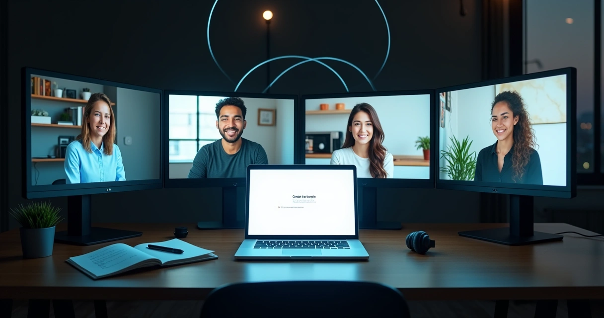 Equipe remota diversa em telas formando círculo ao redor de código de ética digital 