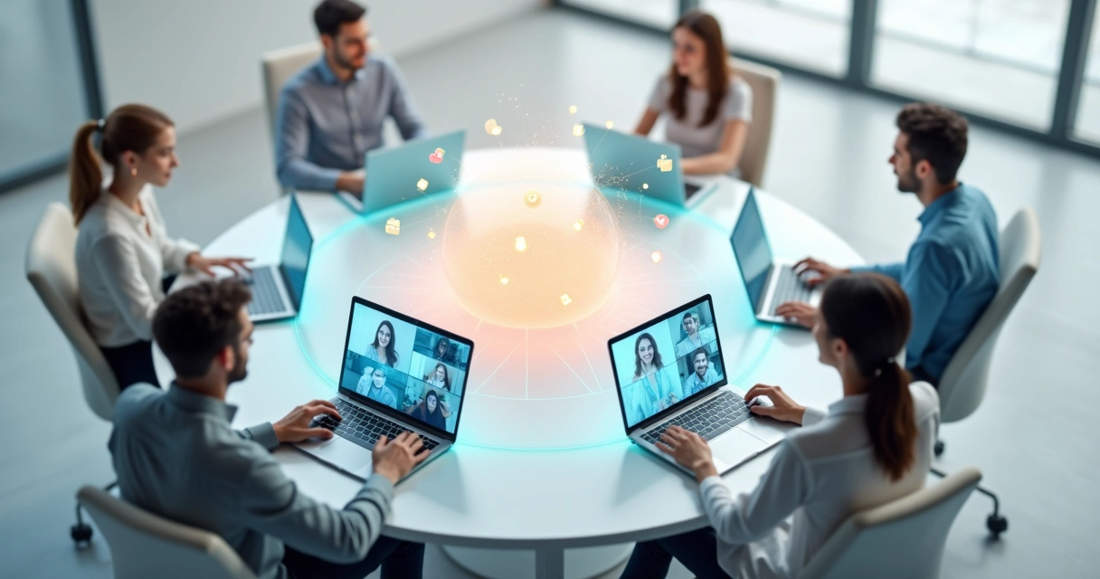 Equipe remota conectada por telas flutuantes em ambiente abstrato digital 