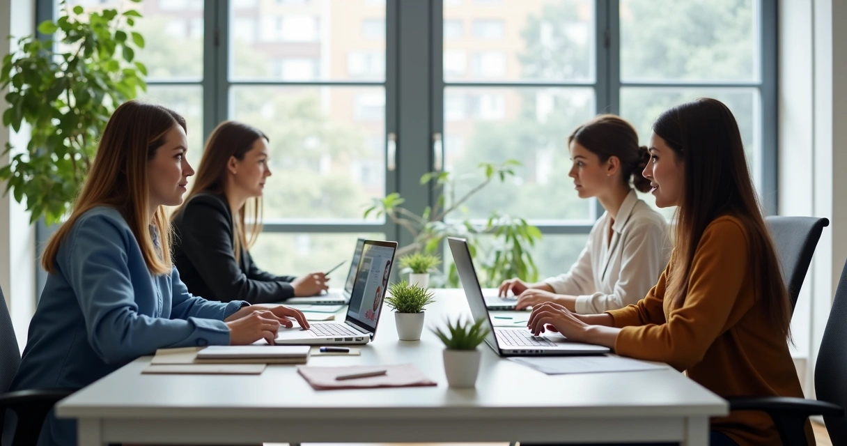 Três pessoas sentadas em mesas separadas, olhando para laptops e sorrindo, com papéis e canetas próximas. 