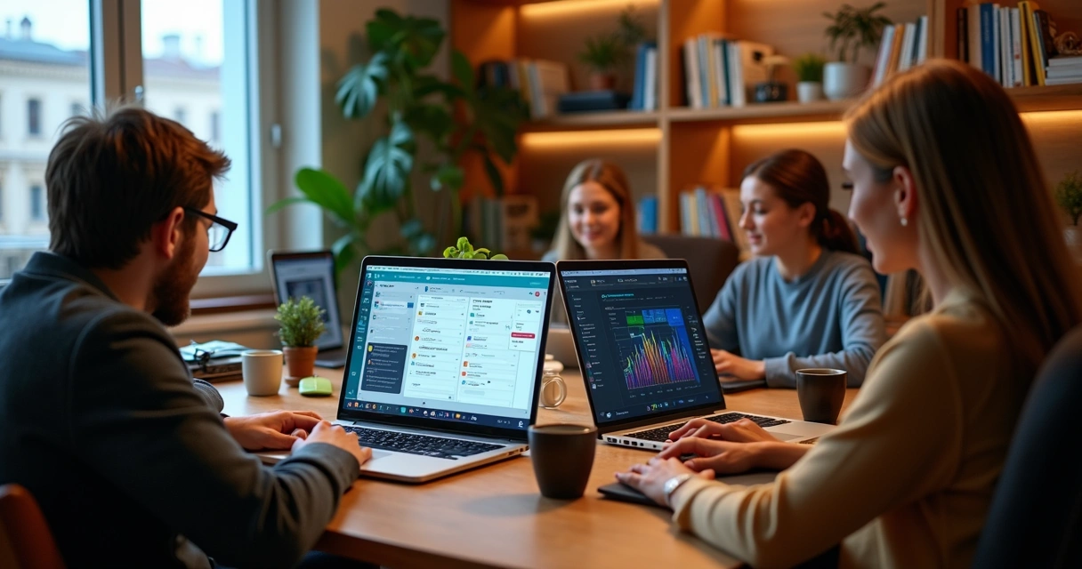 Equipe remota colaborando com ferramentas digitais 