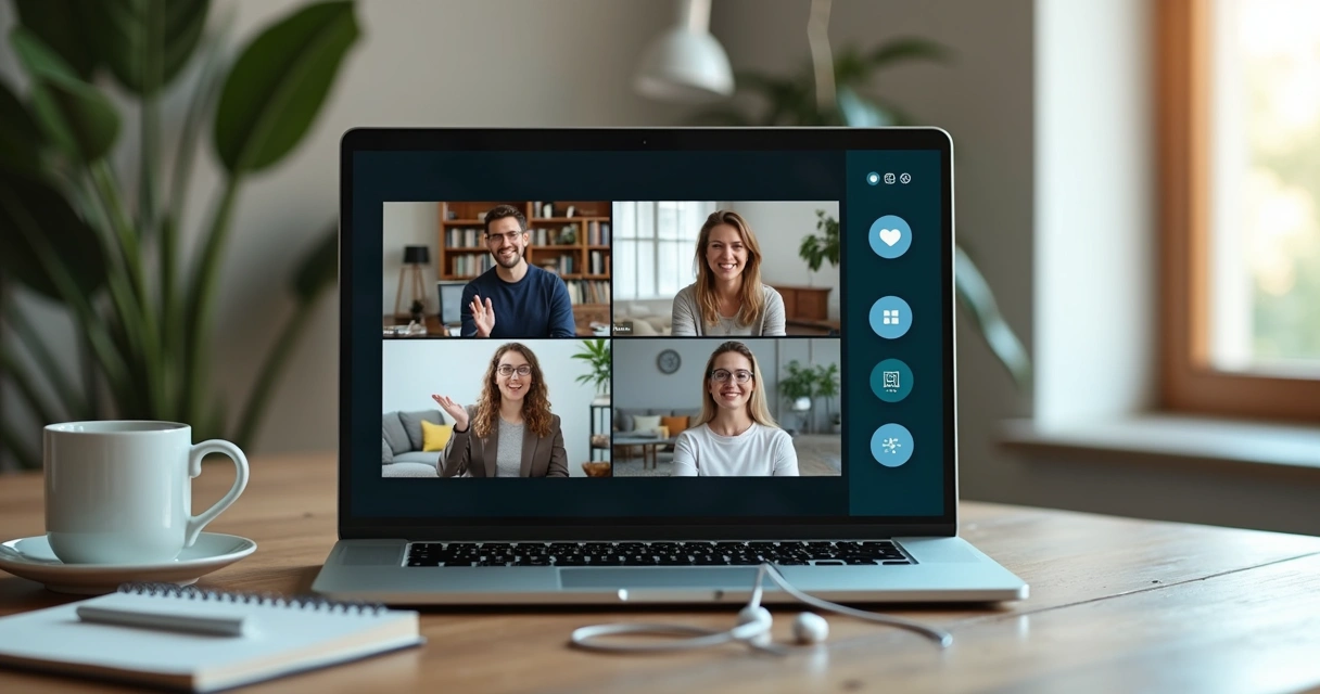 Equipe remota em reunião por videochamada com ênfase em comunicação clara e equilibrada 