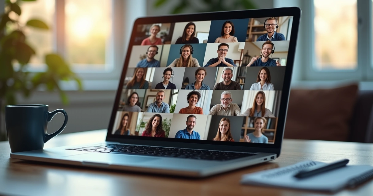 Grupo diverso em videoconferência conectando-se por notebooks em ambiente doméstico 