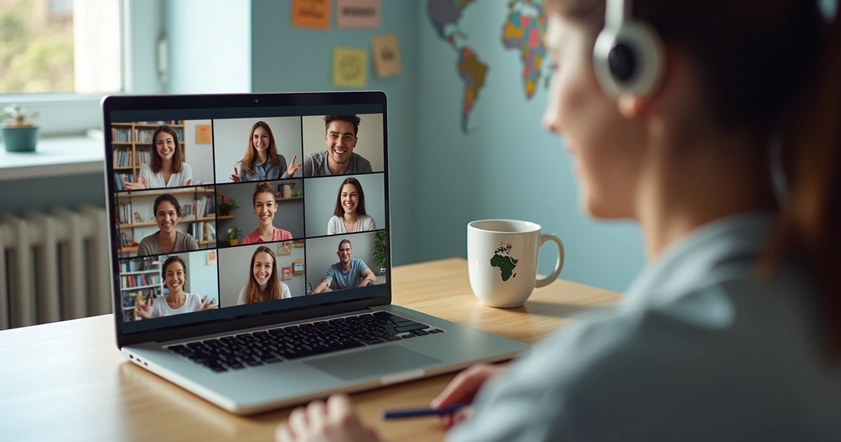 Equipe remota diversa em videoconferência construindo confiança intercultural 