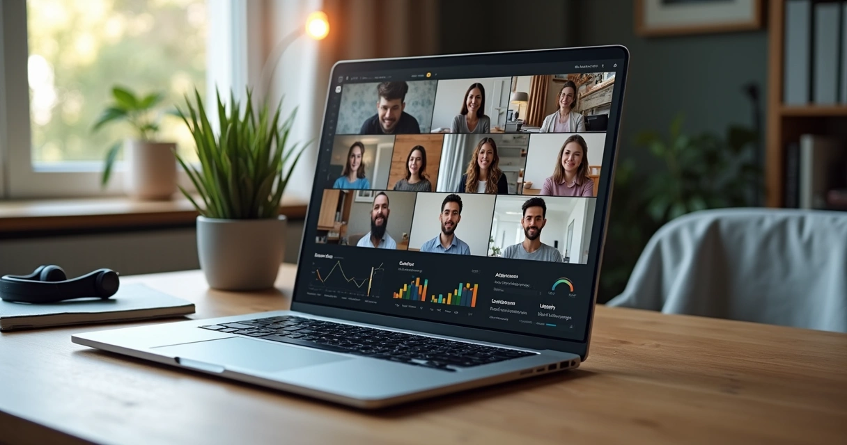 Equipe remota em videoconferência com painel digital mostrando métricas de evolução da consciência 