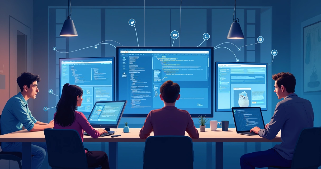 Equipe remota colaborando em notebooks e discutindo app IA em tempo real 