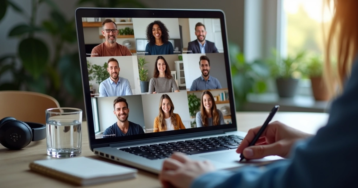 Equipe remota em videochamada com conversa acolhedora