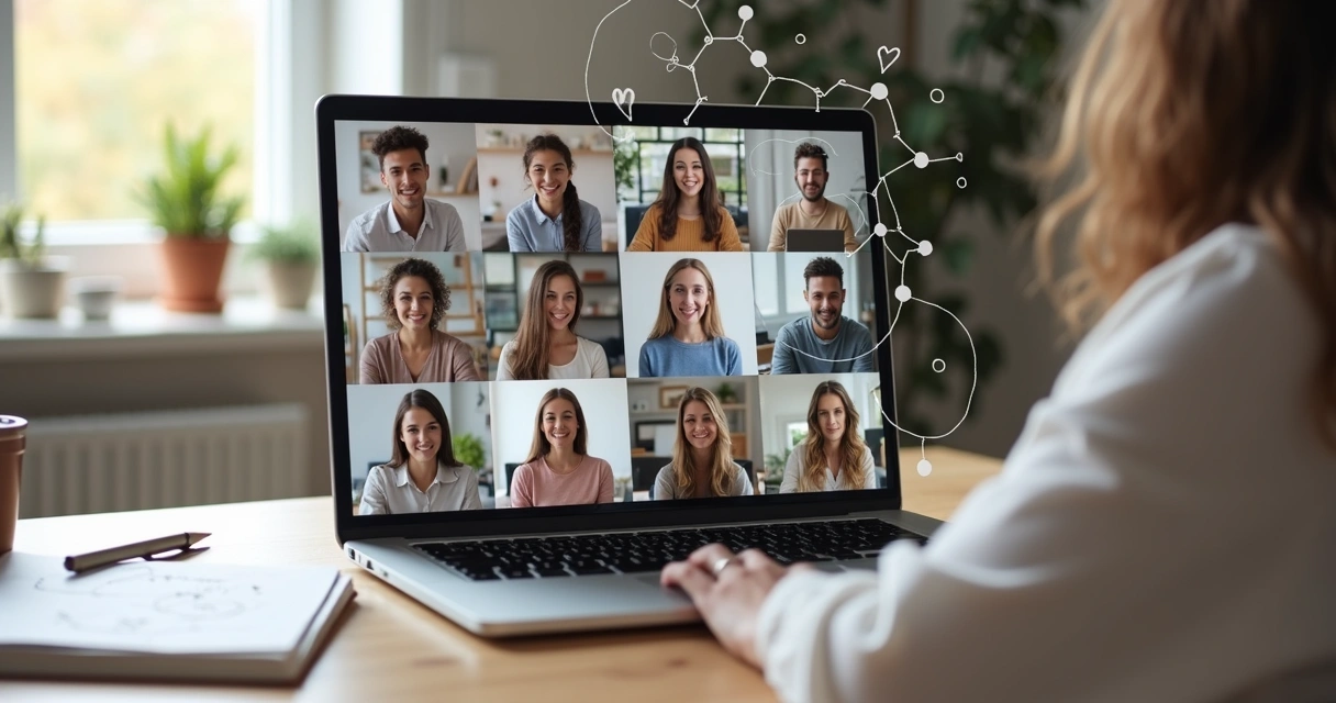 Equipe remota em videoconferência conectada por ilustrações de rede e símbolos de empatia 