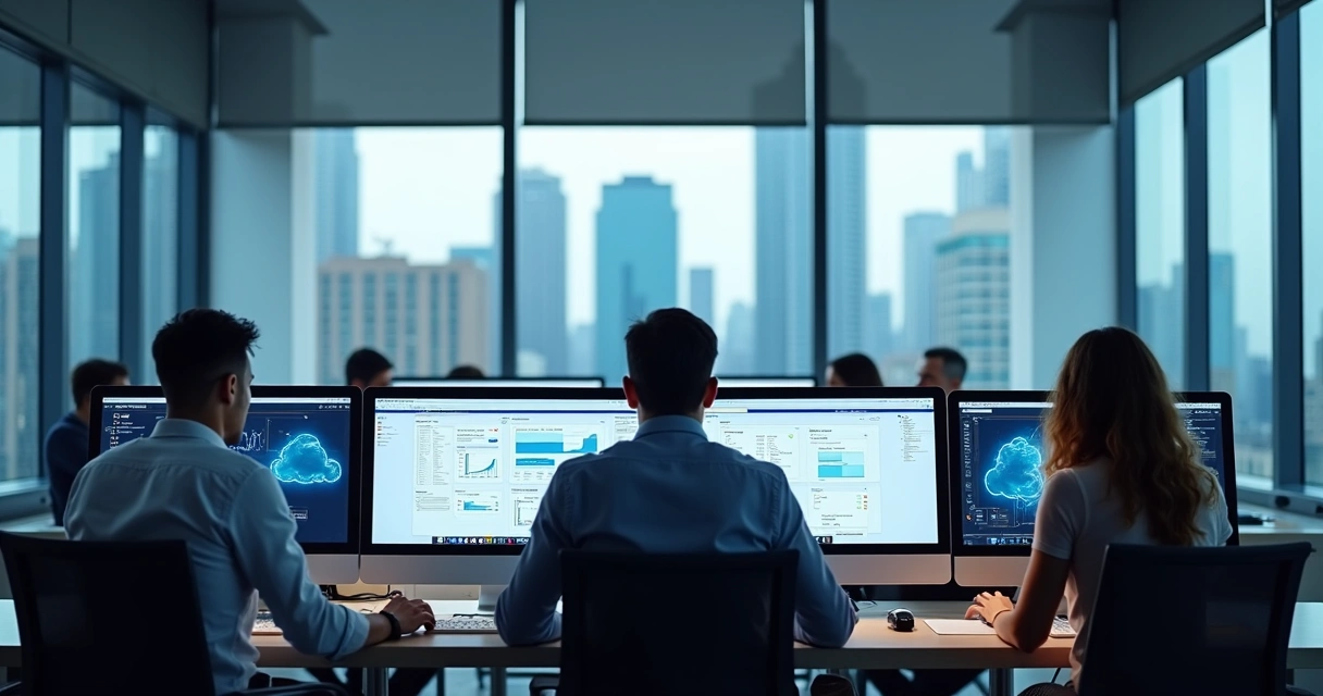 Equipe remota conectada por computadores em ambiente de escritório moderno 