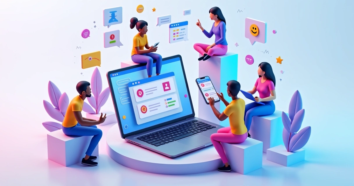 Equipe remota conectada por ferramentas digitais em ambiente de trabalho moderno 