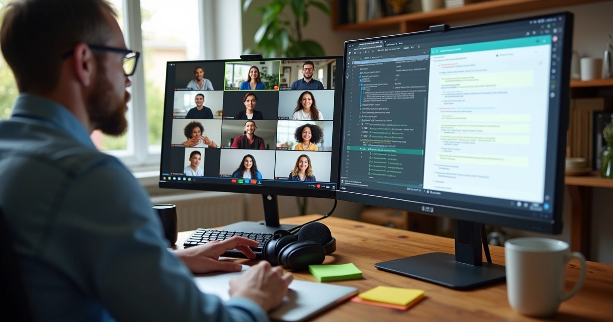 Equipe remota em videoconferência via Google Meet e documentos Google Drive na tela 