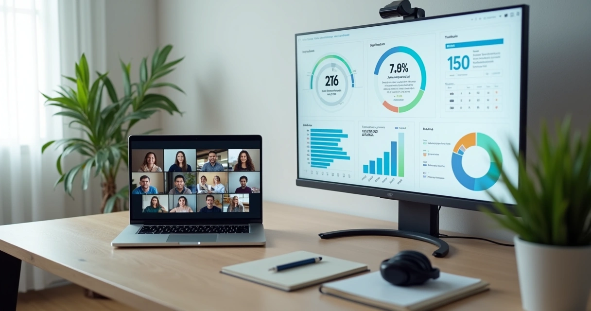Equipe virtual em videoconferência analisando painel de indicadores de confiança 