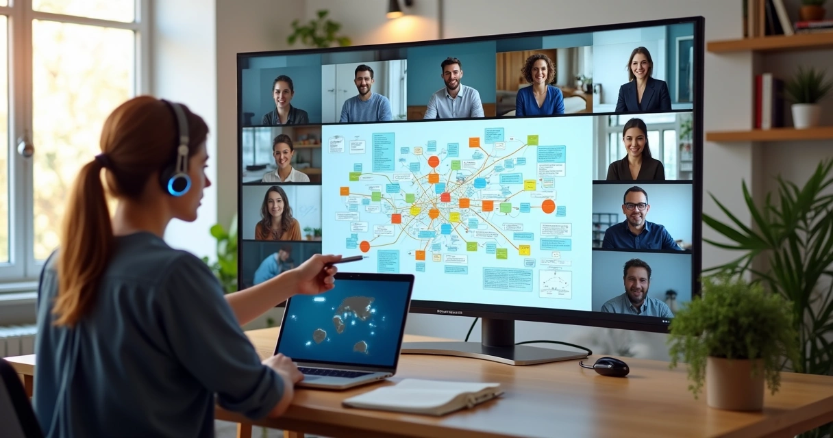 Equipe remota colaborando em videoconferência com painel digital de ideias conectadas 
