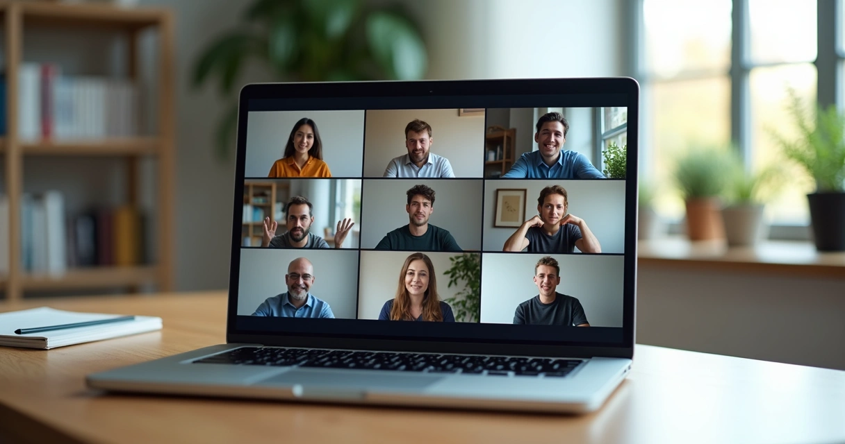 Equipe remota em videoconferência com uma pessoa isolada e sobrecarregada no canto da tela 