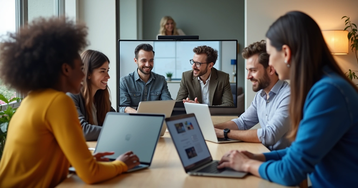 Equipe remota reunida em videoconferência para onboarding digital 